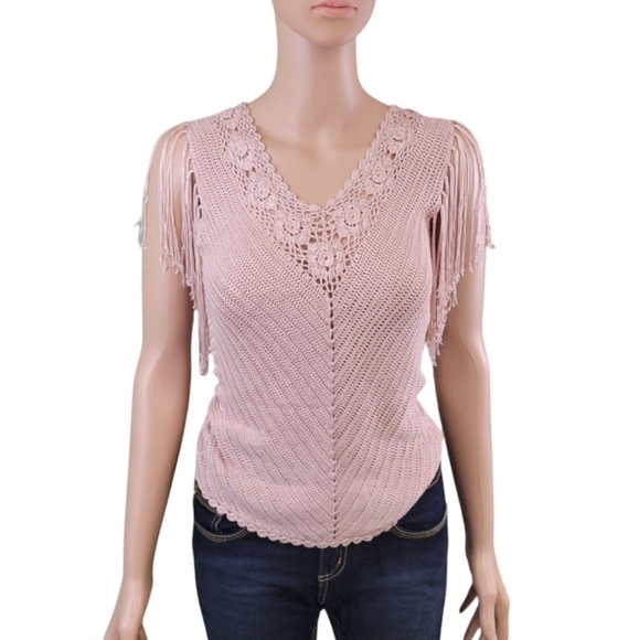 The Limited Womens Vtg y2k Hand Knit Beaded Fringe Crochet V Neck Pink Top SzS🖤 - Picture 3 of 15
